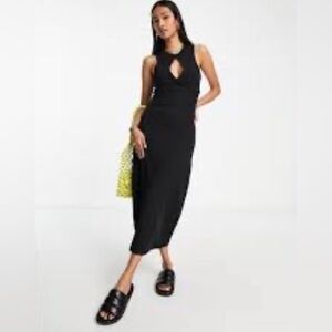 ASOS DESIGN RIBBED SLEEVELESS MIDI DRESS WITH KEYHOLE DETAIL IN BLACK Size US 10